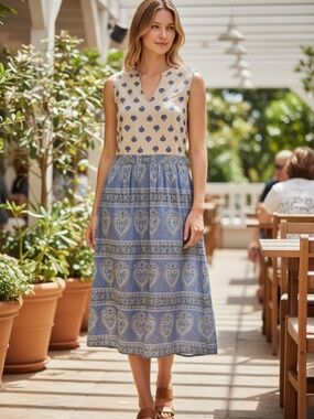 VOY Blue Cream Mixed Print Linen Blend Sleeveless Midi Dress